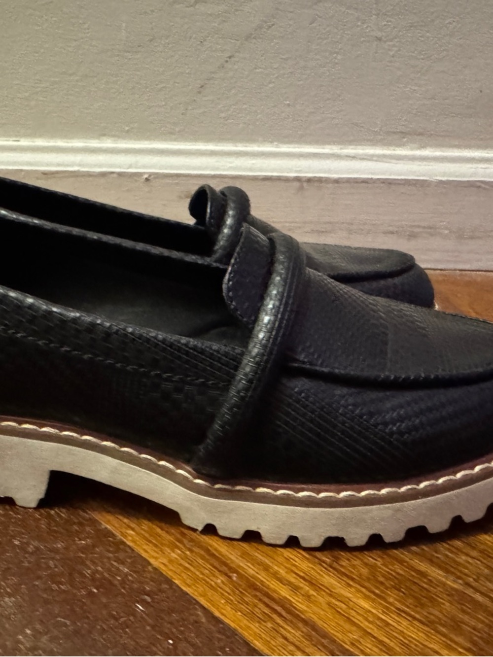 Nautica Black Textured Slip-On Loafers with Tan Accent Sole
